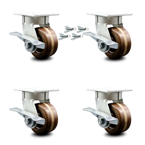 4 Inch Kingpinless High Temp Phenolic Caster Set with Brakes and Swivel Locks